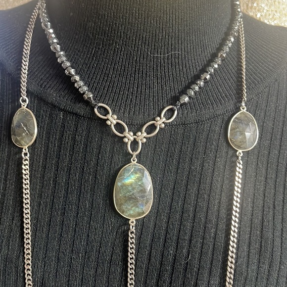 Hematite & Faceted Labradorite Double Chainlink Necklace - Picture 3 of 7